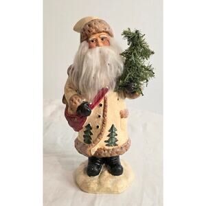 Folk Art Santa Statue Holding a Tree Resin 10" Tall Rustic Primitive Folk Art